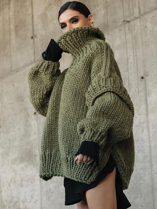 New women’s sweater pullover fluffy long sleeve turtleneck sweater - Olive green / S