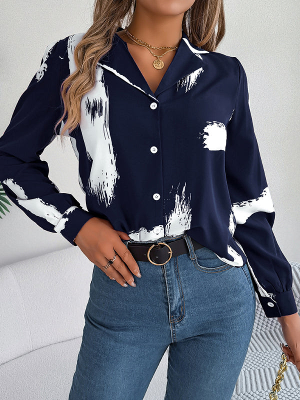 New women’s temperament contrasting color striped suit collar long-sleeved shirt