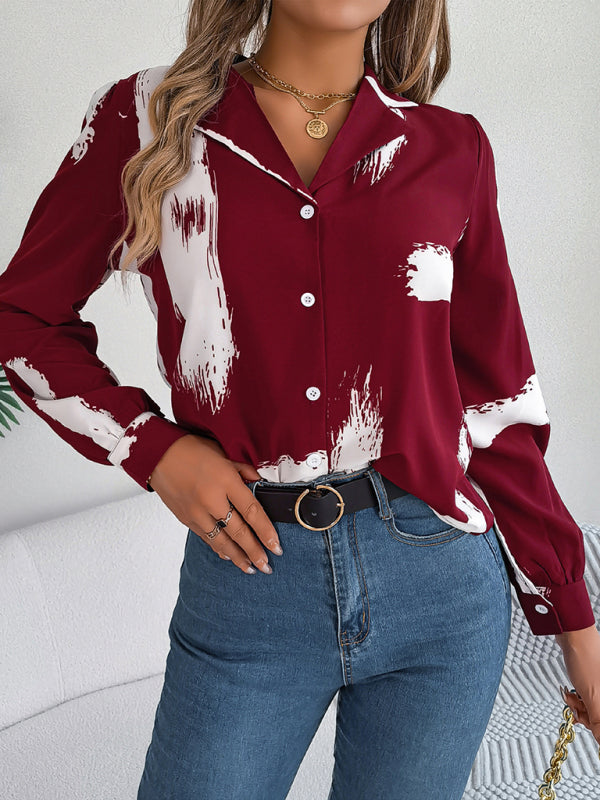New women’s temperament contrasting color striped suit collar long-sleeved shirt - Wine Red / S