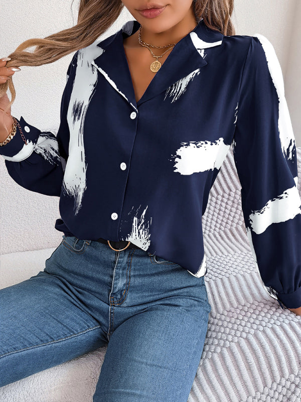 New women’s temperament contrasting color striped suit collar long-sleeved shirt