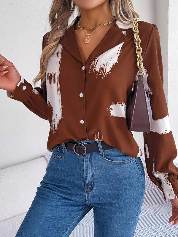 New women’s temperament contrasting color striped suit collar long-sleeved shirt - Coffee / S