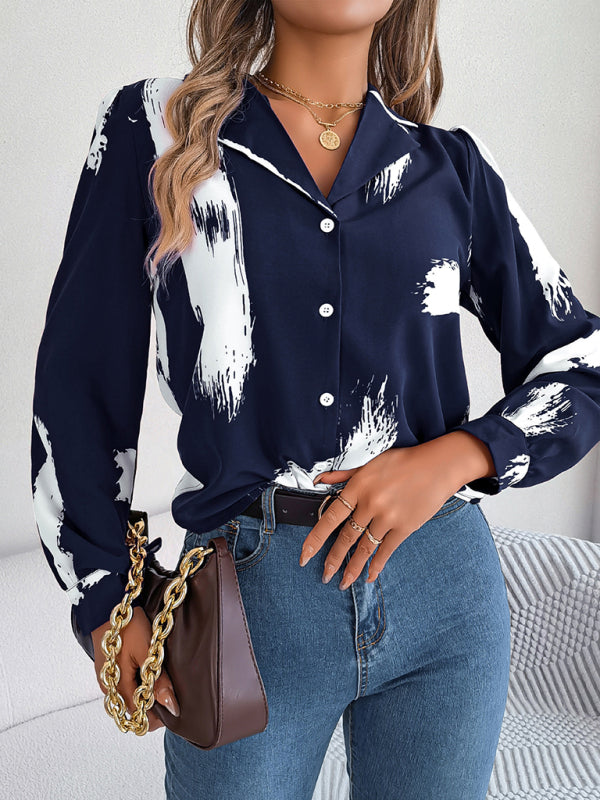 New women’s temperament contrasting color striped suit collar long-sleeved shirt - Purplish blue navy / S