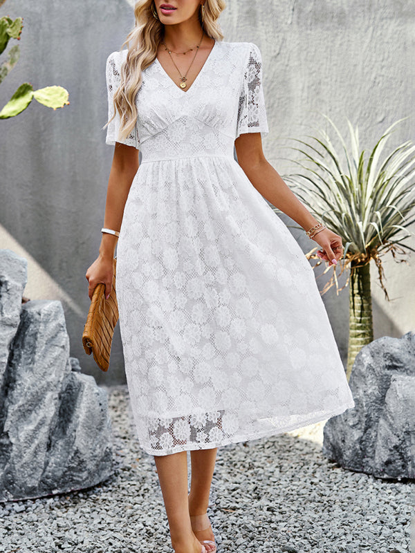 New women's temperament elegant waist V-neck lace dress - Closther