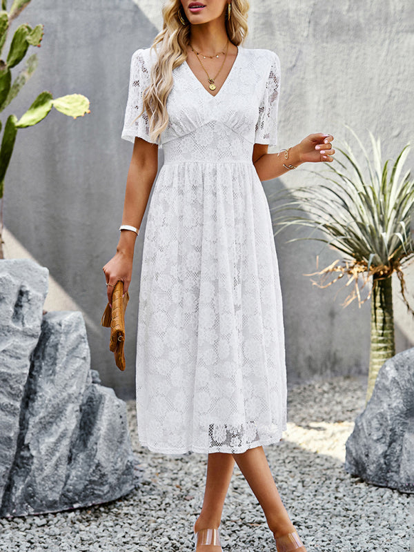 New women's temperament elegant waist V-neck lace dress - Closther