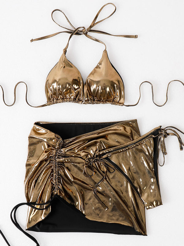 New women’s three-piece solid color bronzing glossy sexy lace-up bikini skirt bikini