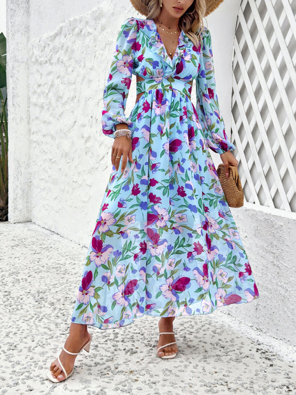 New women’s V-neck ruffled waist hollow holiday casual printed dress - Blue / S
