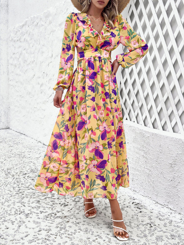 New women’s V-neck ruffled waist hollow holiday casual printed dress