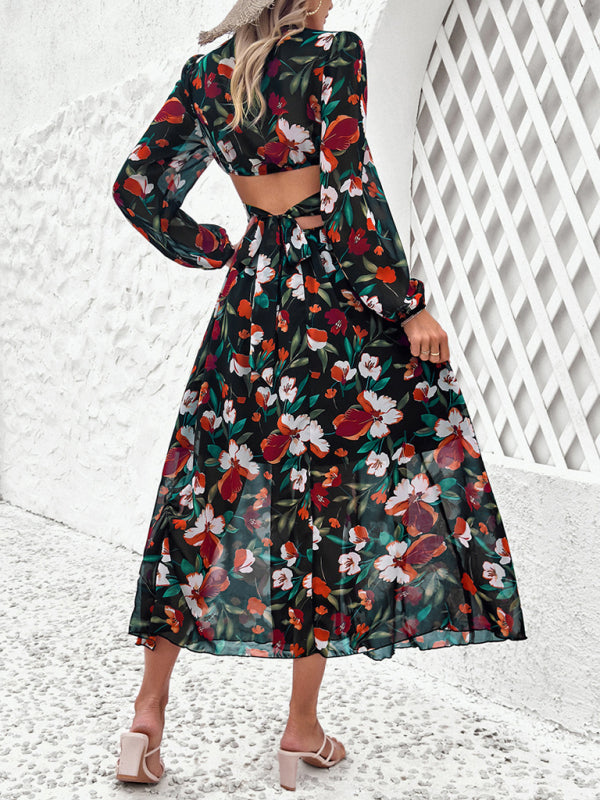 New women’s V-neck ruffled waist hollow holiday casual printed dress