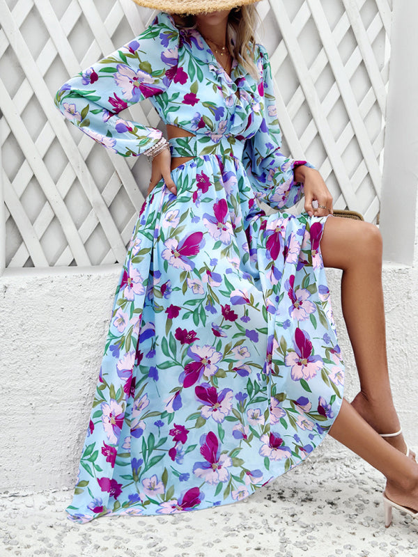 New women’s V-neck ruffled waist hollow holiday casual printed dress