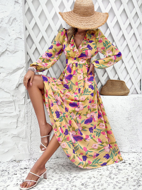 New women’s V-neck ruffled waist hollow holiday casual printed dress