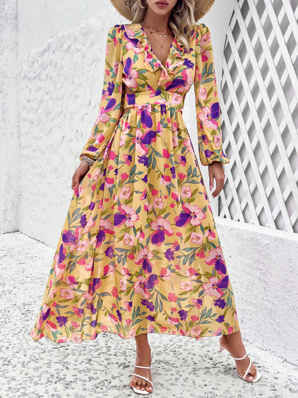 New women’s V-neck ruffled waist hollow holiday casual printed dress - Yellow / S