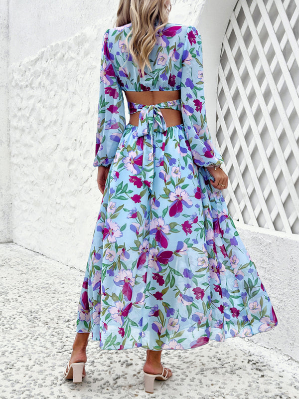 New women’s V-neck ruffled waist hollow holiday casual printed dress