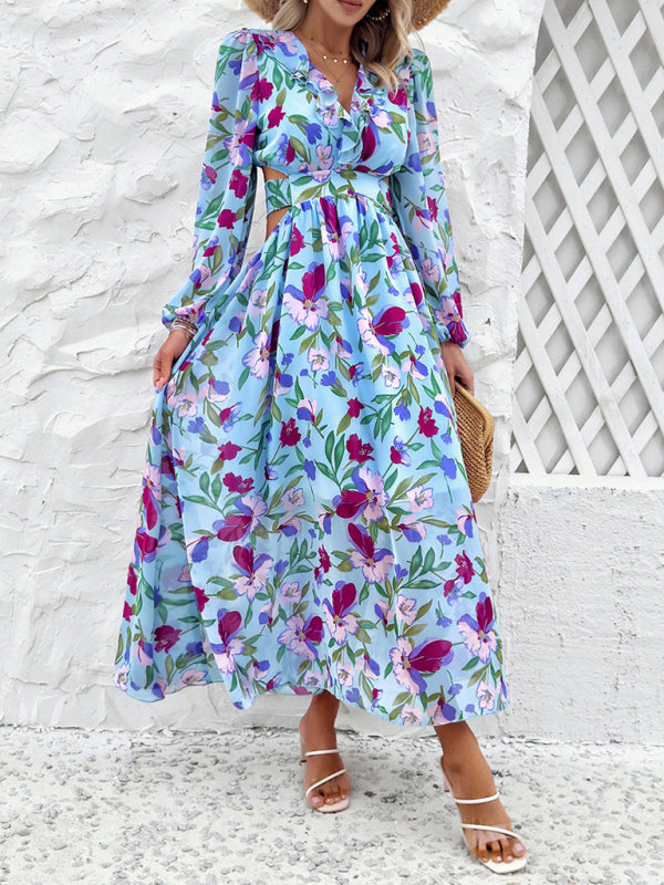 New women’s V-neck ruffled waist hollow holiday casual printed dress