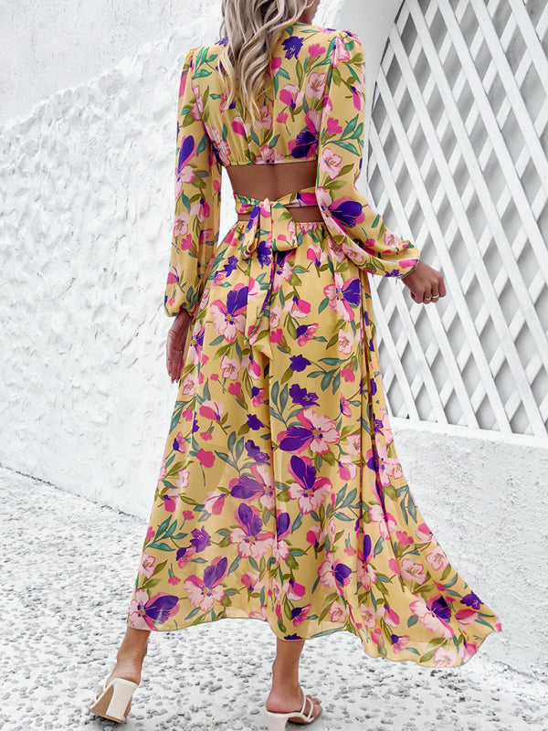 New women’s V-neck ruffled waist hollow holiday casual printed dress