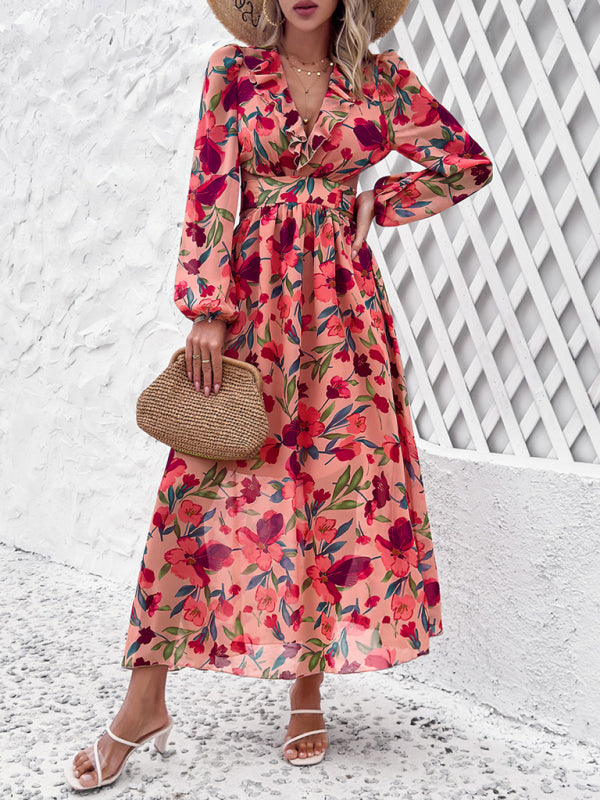 New women’s V-neck ruffled waist hollow holiday casual printed dress - Pink / S
