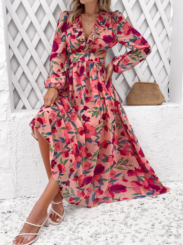 New women’s V-neck ruffled waist hollow holiday casual printed dress