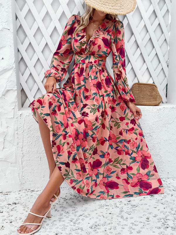 New women’s V-neck ruffled waist hollow holiday casual printed dress