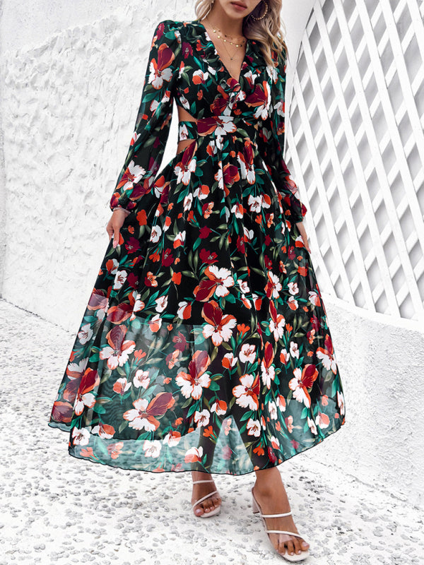 New women’s V-neck ruffled waist hollow holiday casual printed dress