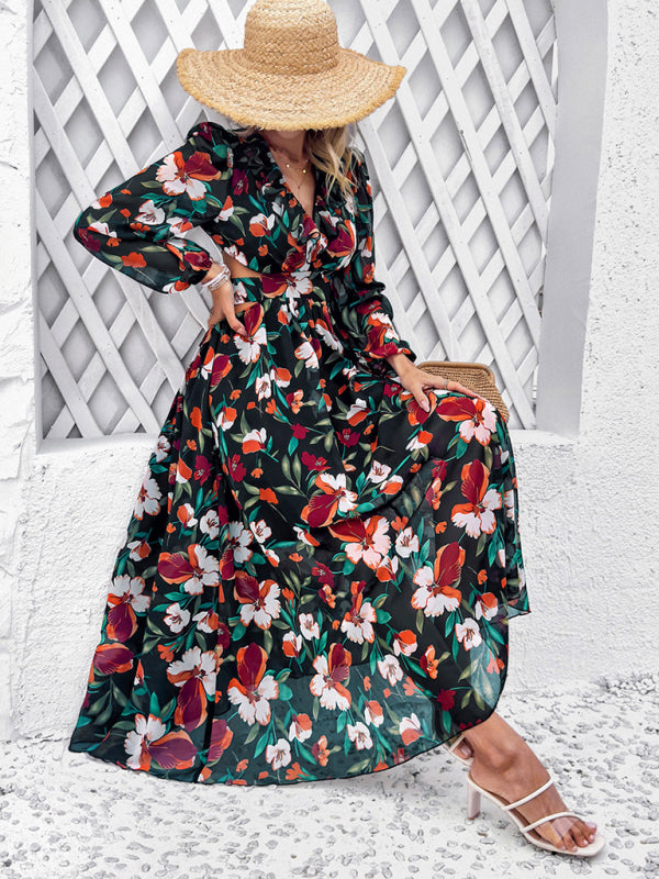 New women’s V-neck ruffled waist hollow holiday casual printed dress