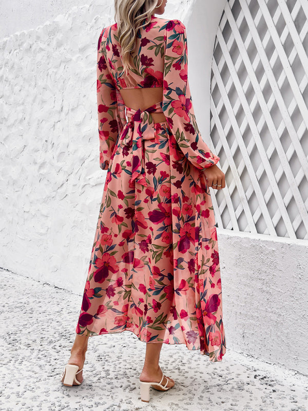New women’s V-neck ruffled waist hollow holiday casual printed dress