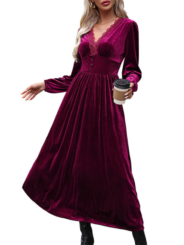 New women's velvet waist knitted long-sleeved dress - Closther
