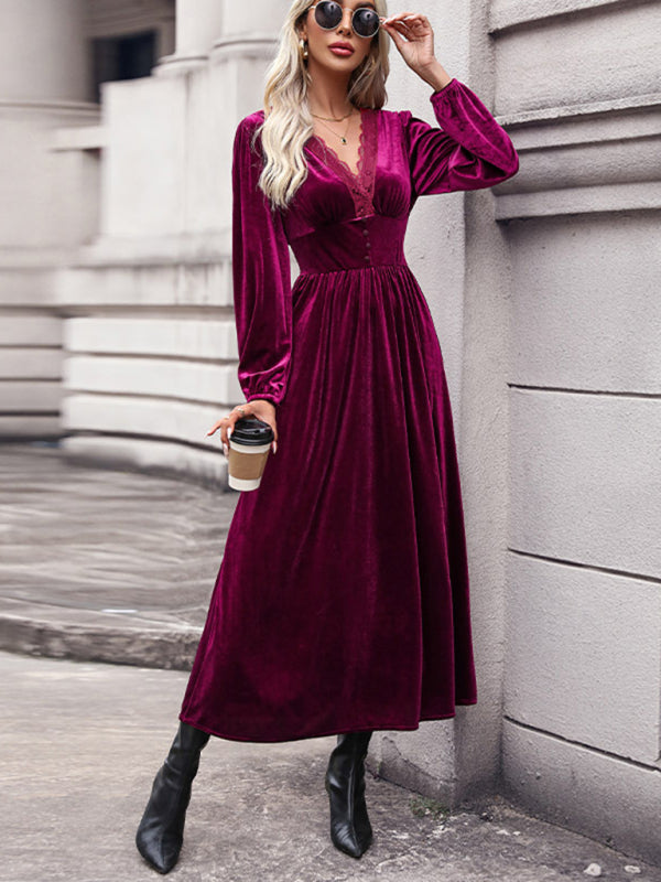 New women's velvet waist knitted long-sleeved dress - Closther