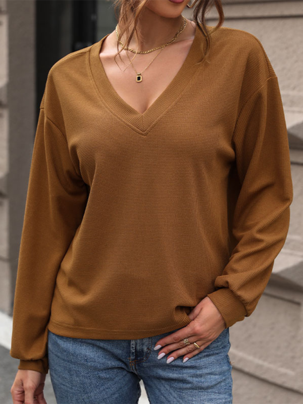 New women’s waffle v-neck long-sleeved T-shirt