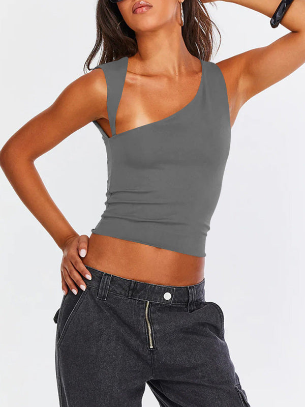 New Y2K irregular neckline top sexy backless slim vest - Charcoal grey / XS