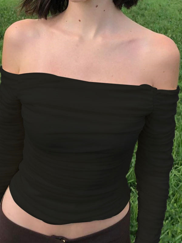 Off-the-shoulder slim-fit mesh bell-sleeved long-sleeved navel-baring T-shirt - Black / S