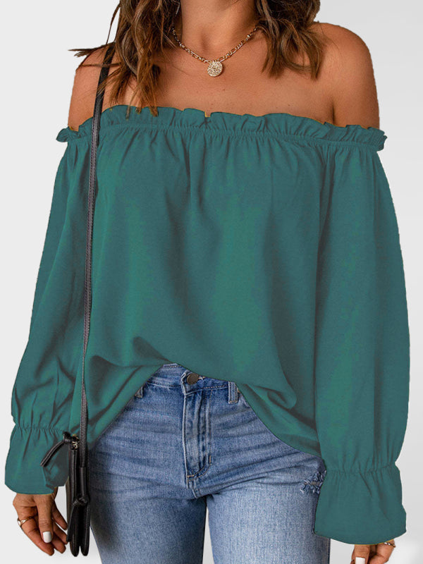 One-neck chiffon shirt solid color pullover sexy off-the-shoulder top - Green / S