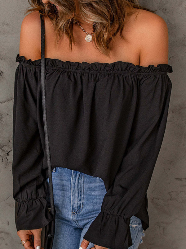 One-neck chiffon shirt solid color pullover sexy off-the-shoulder top - Black / S