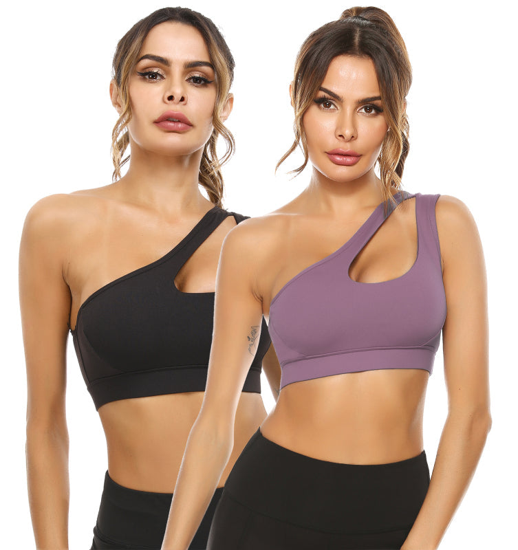 One-Shoulder Bra Beautiful Back Shockproof Running Sports - black + purple gray / S