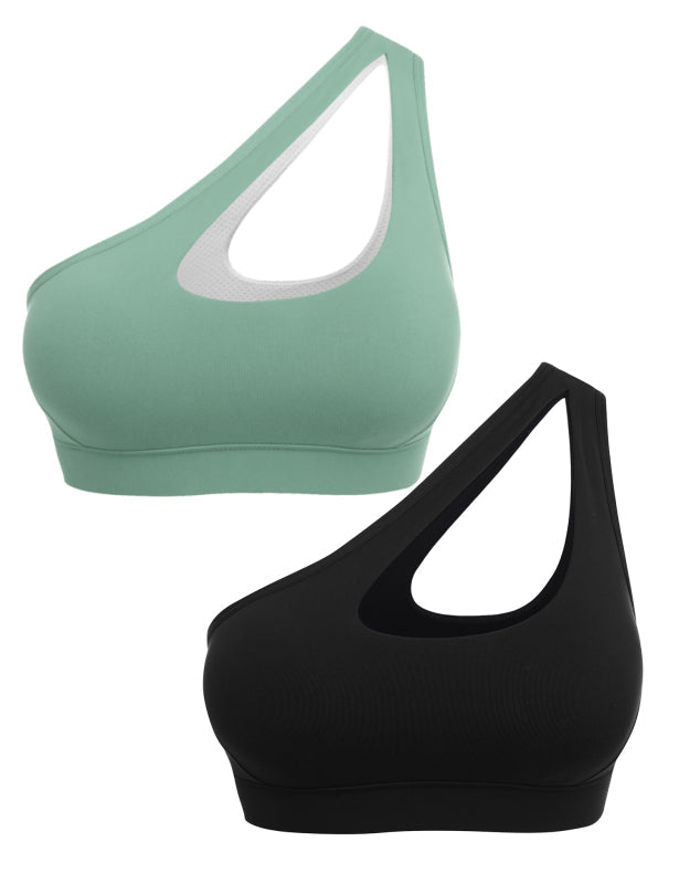 One-Shoulder Bra Beautiful Back Shockproof Running Sports - black + green gray / S