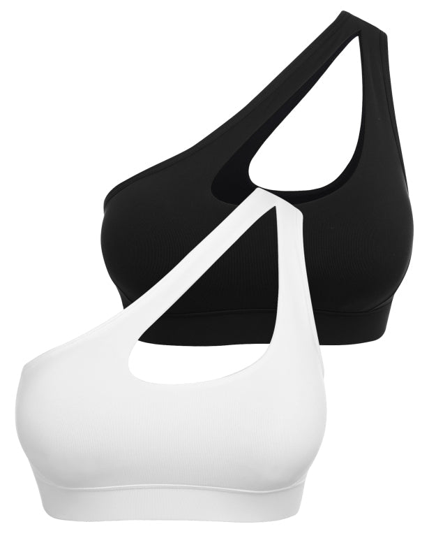 One-Shoulder Bra Beautiful Back Shockproof Running Sports - black + this white / S