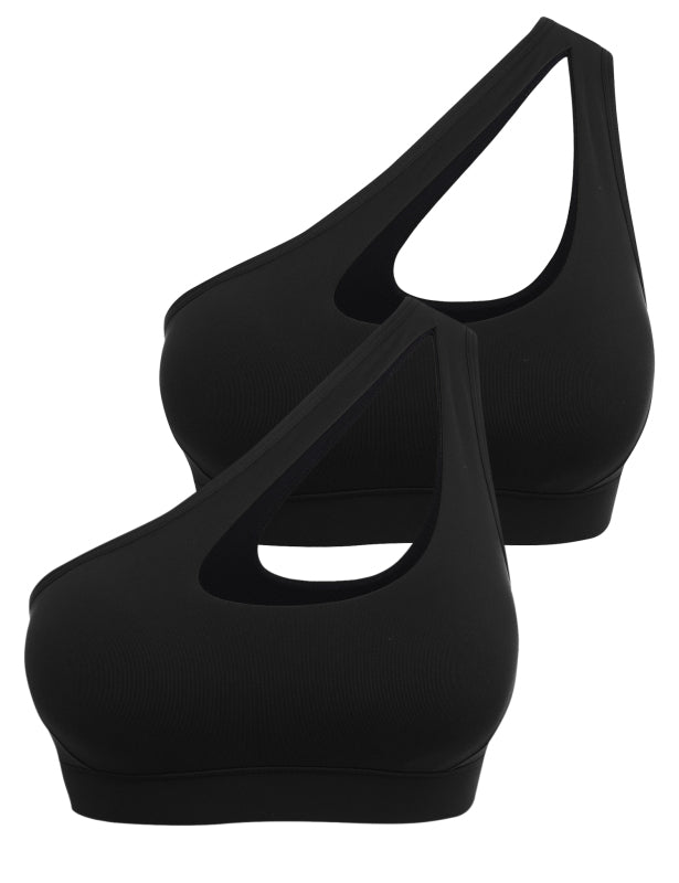 One-Shoulder Bra Beautiful Back Shockproof Running Sports - black + black / S