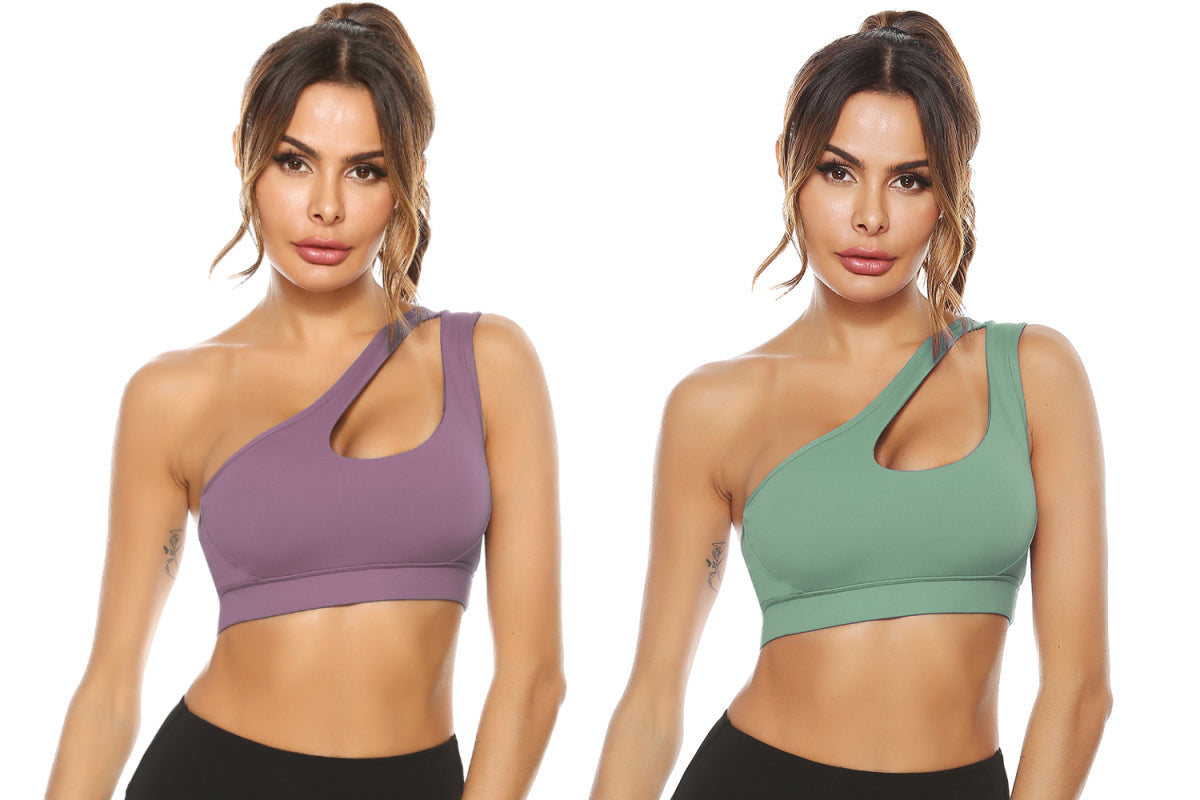One-Shoulder Bra Beautiful Back Shockproof Running Sports - green gray + purple gray / S