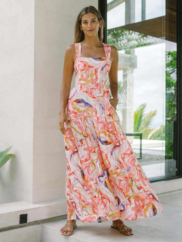 Orange floral print bohemian holiday beach dress loose suspender dress - Orange / S