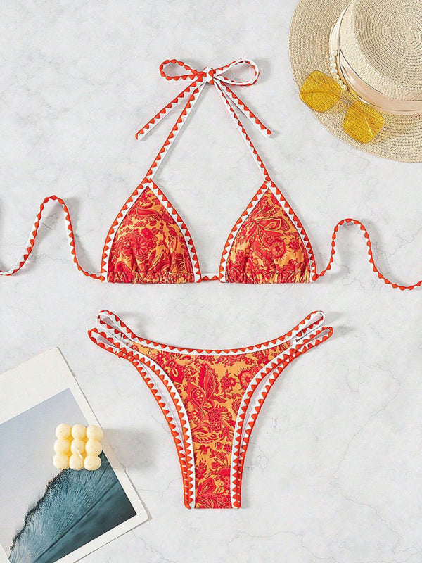 Orange Printed Halter Neck Sexy Bikini - Orange / S
