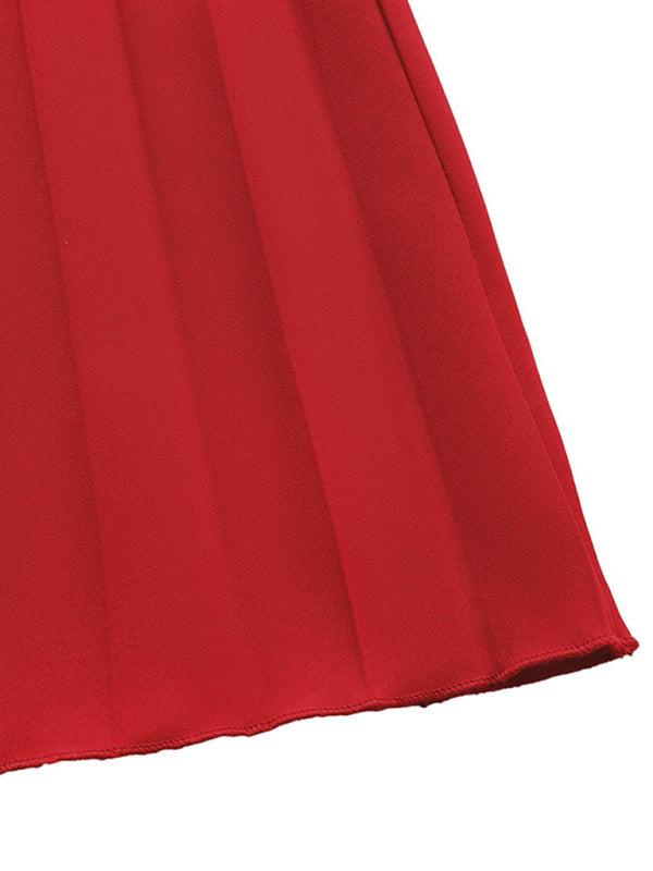 Red pleated fabric detail on the Party Elegant Sweet Style one shoulder long sleeve dress