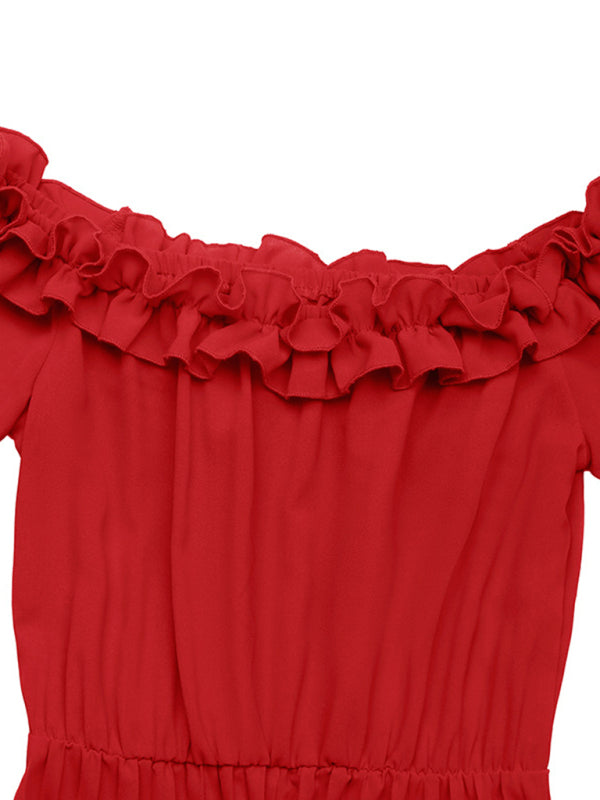 Elegant red off-the-shoulder ruffled dress for women’s party and formal occasions