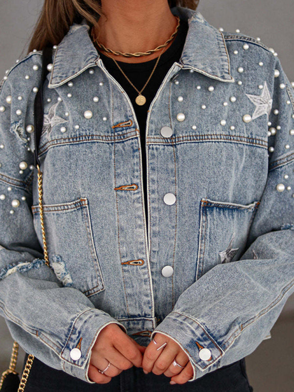 Pearl Studded Distressed Denim Jacket - Clear blue / S