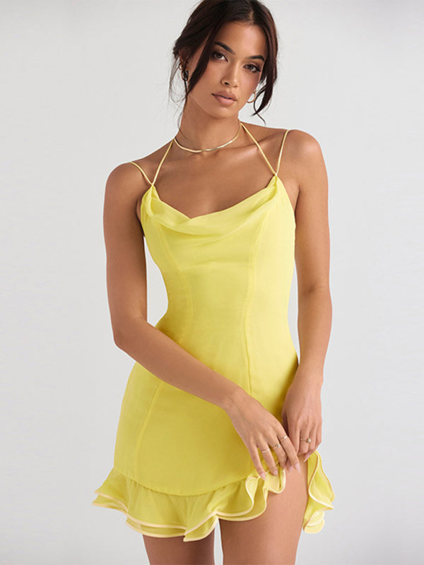 Pile collar halter neck open back lace suspender skirt - Yellow / S