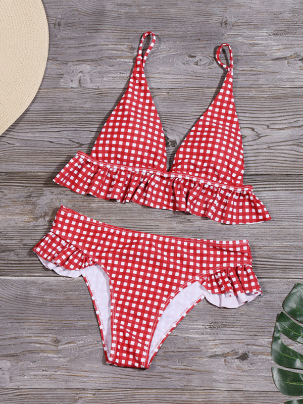 Plaid bikini ruffled swimsuit gathered two-piece swimsuit - Red / S