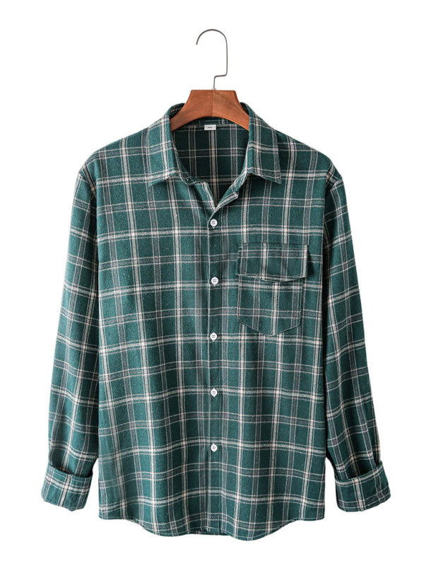 Plaid long-sleeved shirt European and American all-match casual cardigan jacket - Green / S