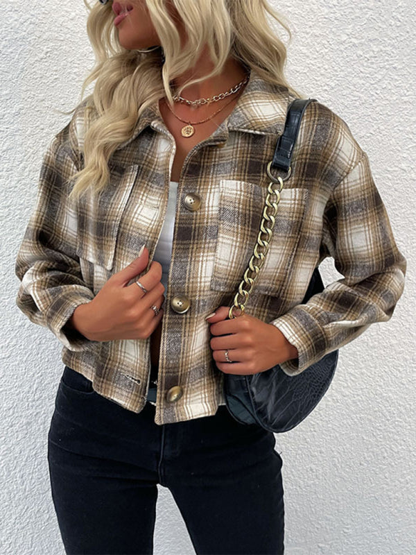Plaid Pattern Women’s Casual Winter Jacket - Khaki / S