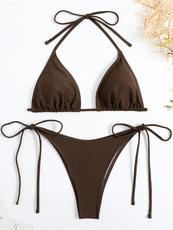 Plain color split strap women’s sexy triangle bikini