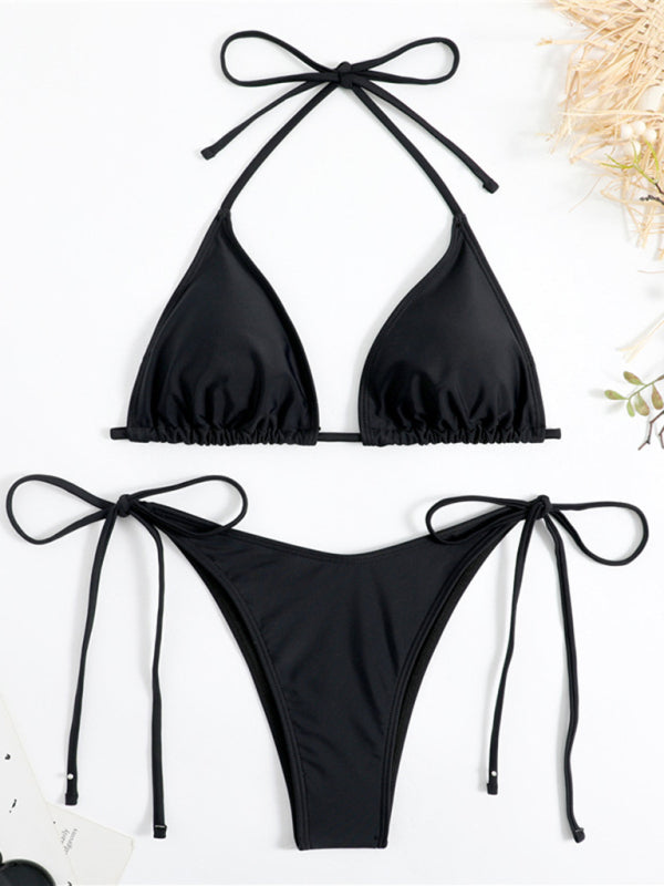 Plain color split strap women’s sexy triangle bikini