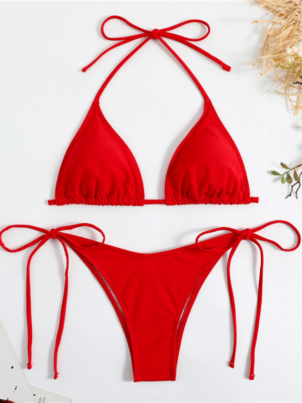 Plain color split strap women’s sexy triangle bikini