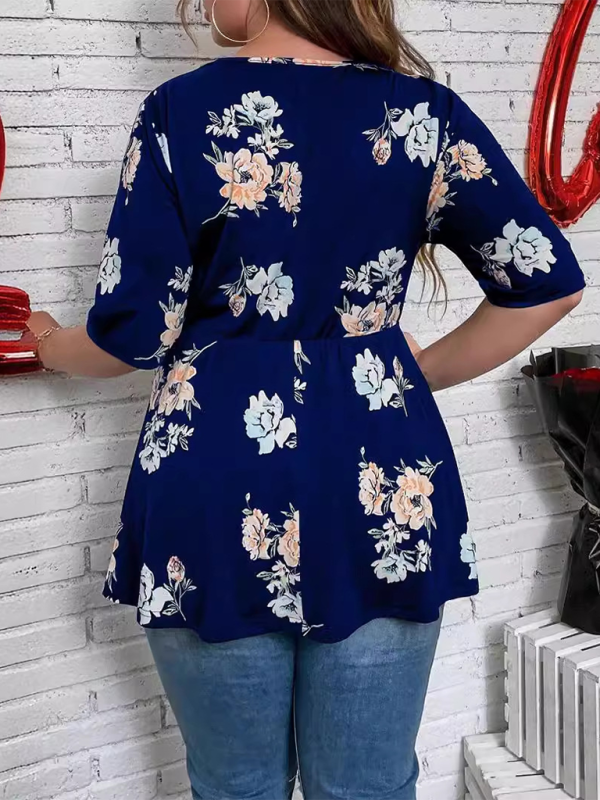 Plus size women’s new printed V-neck lace shirt