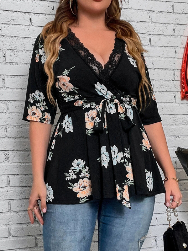 Plus size women’s new printed V-neck lace shirt